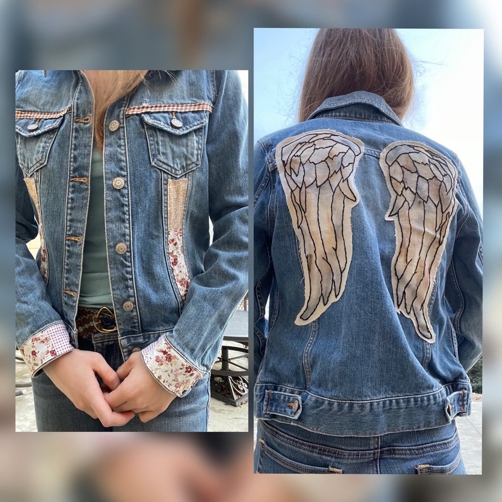 Angel wings embroidered patchwork upcycled jean jacket y2k